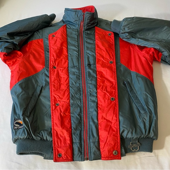 CAF Puffer Jacket Ski Team Gray Red Color Block Zip and Snap Button Front - Picture 8 of 14